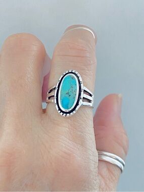 Sterling Silver Oval Genuine Turquoise Ring, Statement Rings, Stone Jewelry